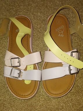 art class Pastel Pink and Lemon Yellow Buckle Strap Sandals